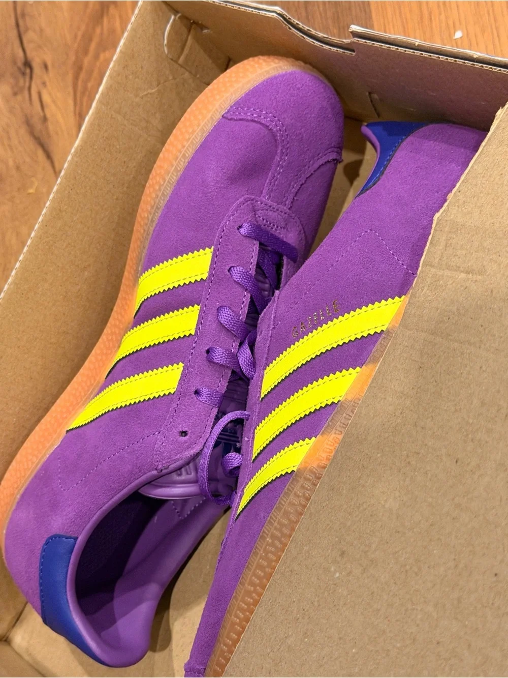 adidas Gazelle Suede Sneakers in Purple with Neon Yellow Stripes